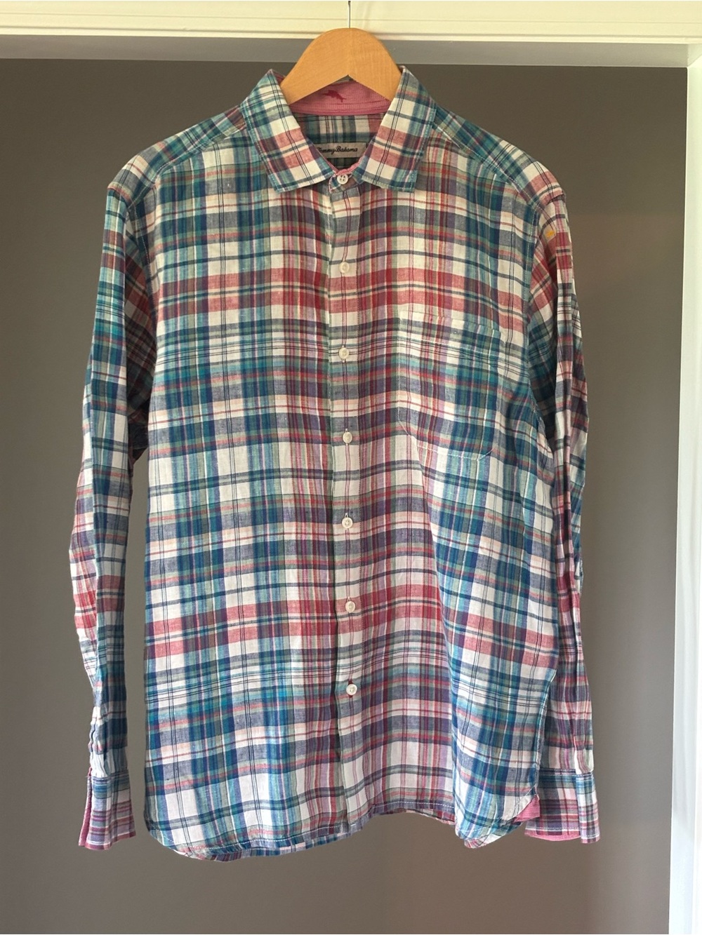 Tommy Bahama Red, Blue & White Plaid Button-Down Shirt 100% Linen